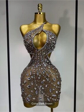Dark Brown Embellished One-Shoulder Mini Dress